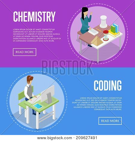 Chemistry and informatics studying at school isometric 3D posters. Young people sitting at table in classroom and doing homework. Individual education concept, student in audience vector illustration.