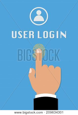 Businessman hand with fingerprint scan provides security access with biometrics identification to log on screen with finger in background. Vector illustration business cyber security concept.