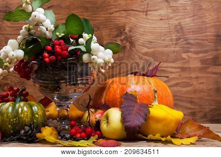 Thanksgiving Arrangement With Snowberry And Rowan In Glass Vase, Copy Space