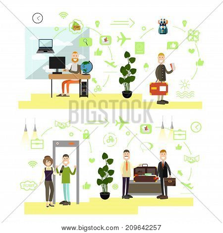 Vector illustration of passengers making reservation of online tickets, passing security checkpoint at airport terminal. Airport people symbols, icons isolated on white background. Flat style design.