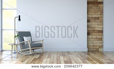 White room interior lounge chair on wood floor and white wall /3d render