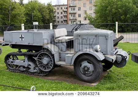 Moscow Russia - July 19 2017: Half-track artillery tractor Unis P-107B (France) on grounds of weaponry exhibition in Victory Park at Poklonnaya Hill.