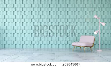 Modern room interior design pink chair on marble floor and green square wall 3d render
