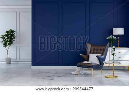 luxury modern room interior blue lounge chair with white lamp and white sideboard on blue wall /3d render