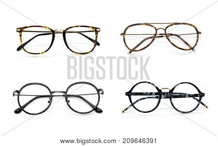 Group of modern fashionable spectacles isolated on white background Perfect reflection Glasses