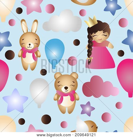 Seamless pattern with a cartoon cute toy baby girl bunny stars clouds bear and balloons on a blue background