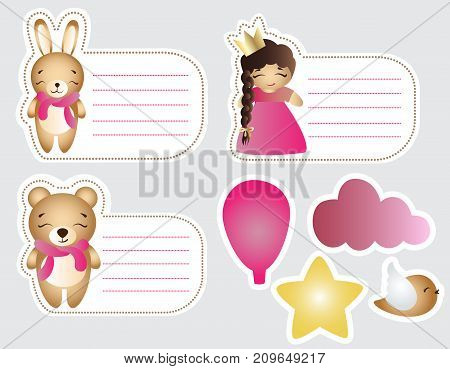 Set of three cute blank card and stickers with a cartoon cute toy baby girl bunny star cloud bear bird and balloon on a light gray background
