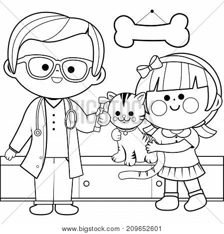 Veterinary physician examining a little girl's cat with an otoscope. Coloring book page