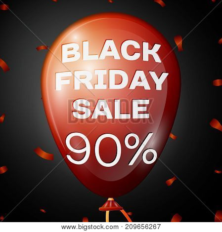 Realistic Shiny Red Balloon with text Black Friday Sale Ninety percent for discount over black background. Black Friday balloon concept for your business template. Vector illustration