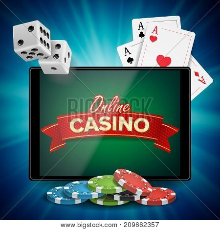 Online Casino Poster Vector. Modern Mobile Tablet Concept. Jackpot Advertising Concept Illustration.