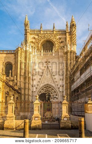 SEVILLA,SPAIN - OCTOBER 1,2017 - View at the portal of cathedral in Sevilla. Sevilla is situated on the plain of the river Guadalquivir.