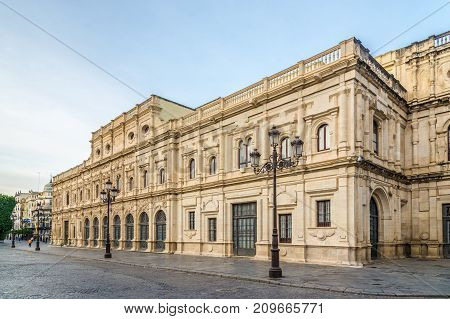 SEVILLA,SPAIN - OCTOBER 1,2017 - View at the building of City hall in Sevilla. Sevilla is situated on the plain of the river Guadalquivir.