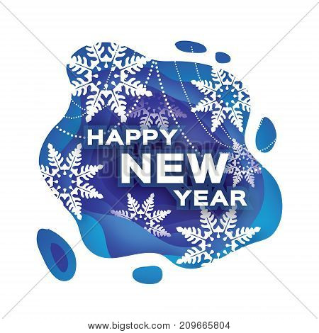 Blue Happy New Year Greetings card. Snowfall. Paper cut snow flake. Merry Christmas invitation. Winter snowflakes Garland. Text. Layered tonnel wave background. Shadows box. Vector illustration.
