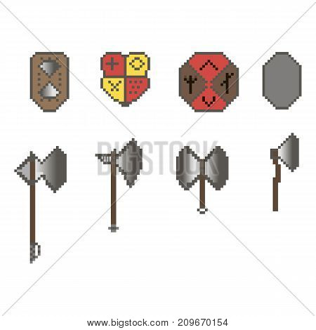 A set of battle axes and shields in pixel style. The illustration is suitable for depicting medieval warriors and Vikings in 8-bit games on PC and console