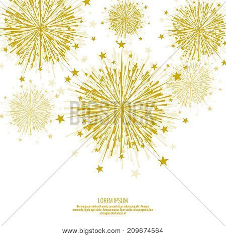 Vector firework design on white background with scattered stars and sparkles. Bright festive decoration.