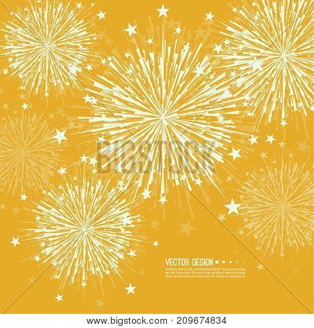 Vector firework design on white background with scattered stars and sparkles. Bright festive decoration.