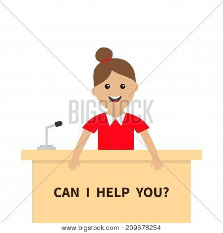 Can I help you. Women female girl people consultant. Table Information desk counter microphone. Reception service. Info support. Cute cartoon character. Flat design White background Vector