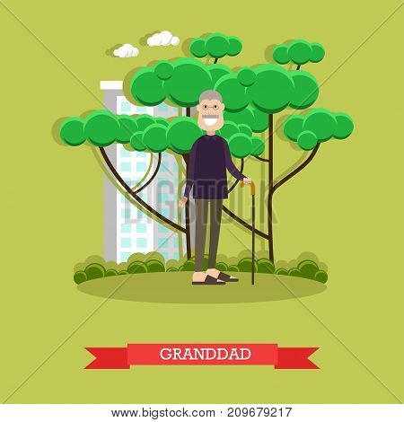 Vector illustration of grandfather with walking cane. Granddad flat style design element.