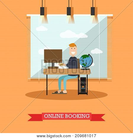 Online hotel booking vector illustration. Man using computer and internet to make a reservation of hotel room flat style design element.