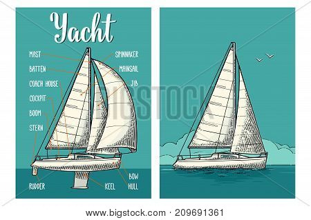 Two vertical posters for yacht club with type sails. Vector vintage engraving illustration for poster. Isolated on the blue sea and sky.