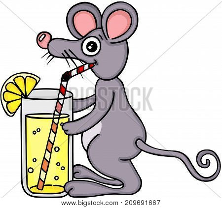 Scalable vectorial image representing a mouse drinking lemonade with a straw, isolated on white.