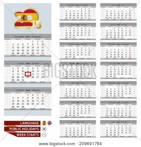 Spanish and English language calendar for 2018 year. Week starts from Monday. Ready for print. Vector Illustration.