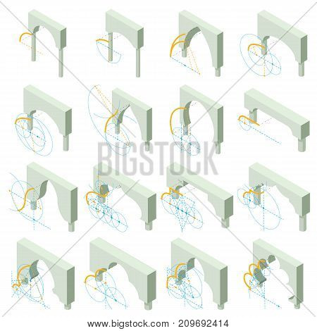 Arch types icons set. Isometric illustration of 16 arch types vector icons for web