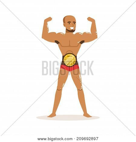 Cartoon character of winner wrestler in flat style. Professional muscularity fighter posing with championship belt. Mixed martial artist. Strong man. Vector illustration isolated on white background.