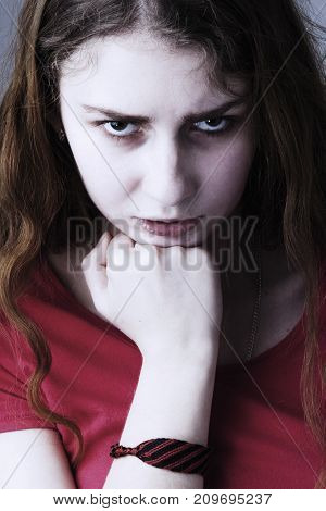 Woman in depression alone with problems (difficulties psychology body language gestures loneliness concept)