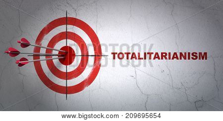 Success politics concept: arrows hitting the center of target, Red Totalitarianism on wall background, 3D rendering