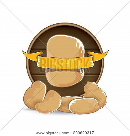 vector sweet brown potato label with pile of potatoes isolated on wooden round background. potato label design template for stickers, banners, posters and restaurant or cafe menu