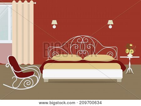 Red bedroom with a bed and a rocking chair. There is also a bedside table with flowers and a fragment of the window in the picture. Vector illustration.