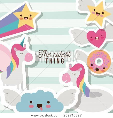 the cutest thing poster with unicorns rainbows stars cloud heart and donut with wings and colorful lines background vector illustration