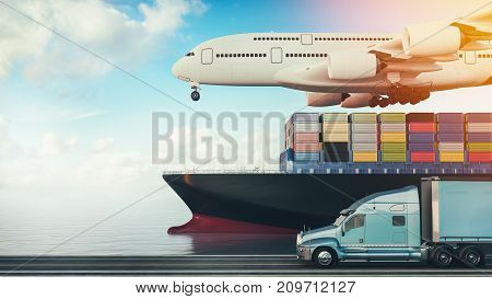 Plane trucks are flying towards the destination with the brightest. 3d render and illustration.