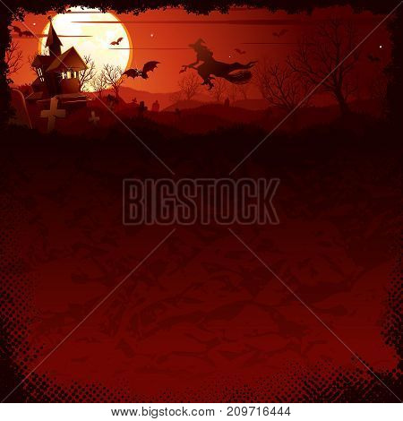 Halloween banner with illustration of witches on the moony background and scary bare trees. Vector