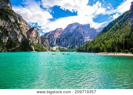 Beautiful view of the Braies lake in South Tyrol Italy