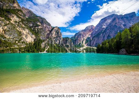 Beautiful view of the Braies lake in South Tyrol Italy