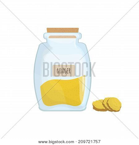 Ground ginger stored in clear jar isolated on white background. Piquant condiment, food spice, cooking ingredient in transparent kitchen container. Colored vector illustration