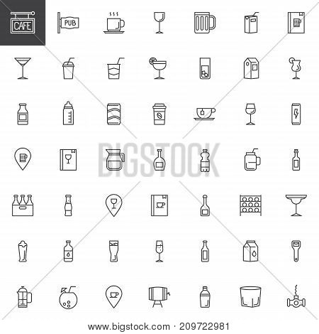 Cafe, bar drinks and beverages line icons set, outline vector symbol collection, linear style pictogram pack. Signs, logo illustration. Set includes icons as cocktails, pub, menu, champagne, corkscrew
