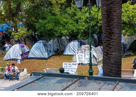 ATHENS, GREECE - JUNE, 2011: Tents and placards of people on strike