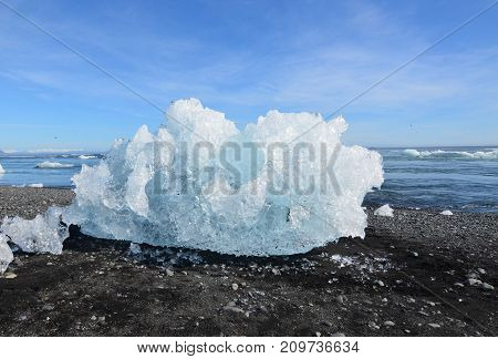 awesome iceberg on clack sand on the beach of a lagoon