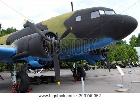 Moscow Russia - July 19 2017: Military transport aircraft LI-2 (USSR) on grounds of weaponry exhibition in Victory Park at Poklonnaya Hill.