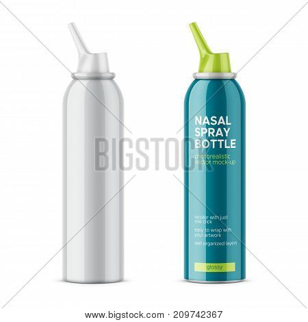 White glossy aluminum bottle with sprayer for nasal spray. 125 ml. Photo-realistic packaging mockup template with sample design. Side view. Vector illustration.