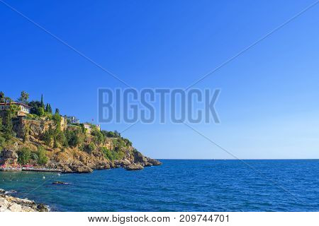 Panoramic view on old town Kaleici and Mediterranean Sea from park. Antalya Turkey.