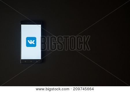 Los Angeles, USA, october 19, 2017: Vkontakte logo on smartphone screen on black background.