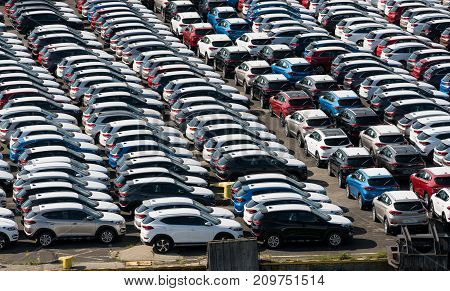 GDANSK, POLAND - 16 SEPTEMBER: Hyundai cars on dockside on 16 September 2017 in Gdansk, Poland. Hyundai sold over 7.8M vehicles in 2016.