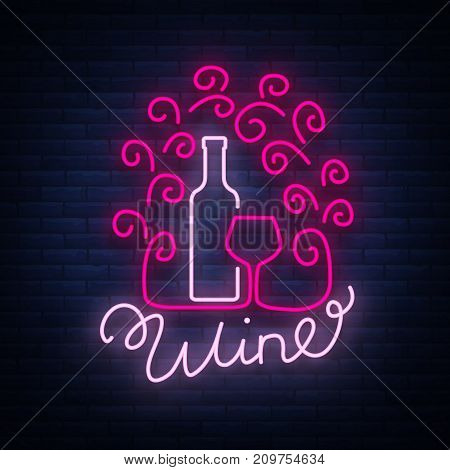 Template logo wine bar in a trendy neon style. Logo, badge glowing banner. For the menu restaurant, wine list, wine house, wine label, vineyard, winery. Vector illustration.