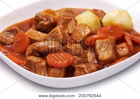 Goulash, Beef Stew With Potatoes Isolated On White Background
