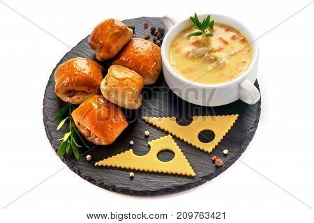 Meat Pies, Buns With Delicious Cheese Cream Soup, Isolated On White Background