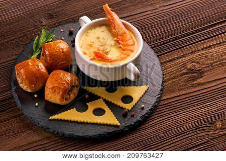 Meat Pies, Buns With Delicious Cheese Cream Soup, Isolated On White Background